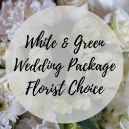 White floral wedding package text over a background of white flowers