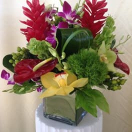 Tropical bouquet with red, purple, and yellow orchids in a glass vase