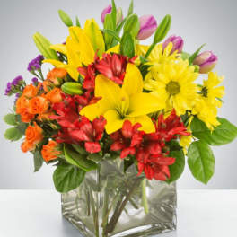 Bright mixed bouquet in a clear square glass vase