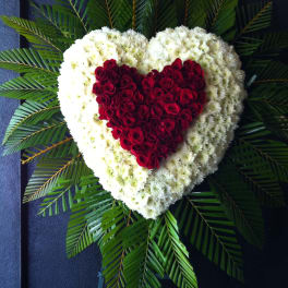 Heart shape red Roses within heart shape white mums surrounded by a fan of palm leaves - F30013