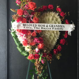 Heart shape easel with Roses, Orchid & Mums - F35010