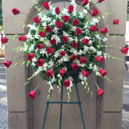 Sunburst red roses and sprays of white orchids wreath - F200W07