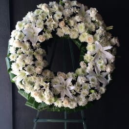 Circle of White Mums, Soft white Roses and White Lilies Wreath - F30012