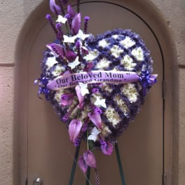 Heart shape purple and white checker mums wreath - F35011