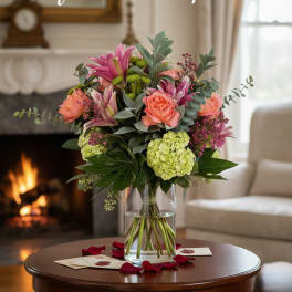 Bouquet of pink and coral flowers in a clear glass vase