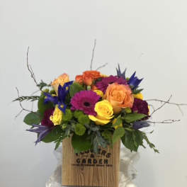 Bright mixed arrangement of yellow and orange roses, purple gerbera and blue iris in a wooden box.