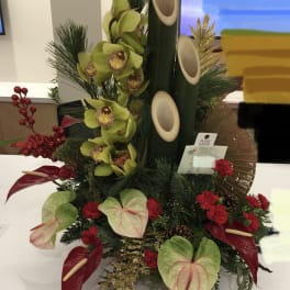 Tropical floral arrangement with green orchids, red anthuriums, and pine accents