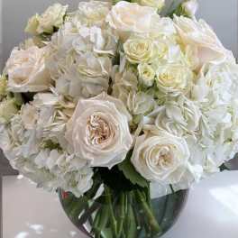 White roses and hydrangeas arranged in a glass vase