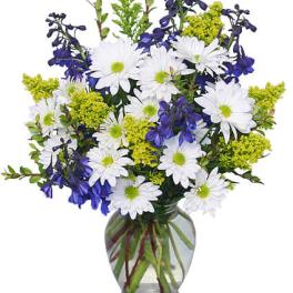 White daisies and blue flowers arranged in a clear glass vase