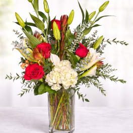 Classic Red Rose, Stargazer & White Calla Lily Arrangement