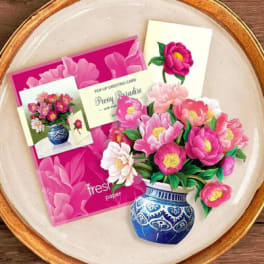 Pop-up greeting card with pink peonies and a blue vase illustration