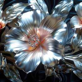 Metallic silver flowers with pink centers on a dark background