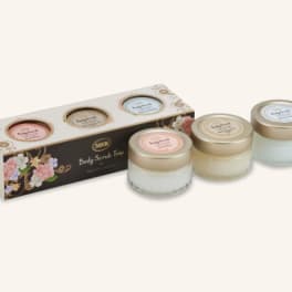 Three body scrub jars with a matching gift box