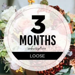 Graphic for a three-month loose flower subscription over a mixed bouquet background.