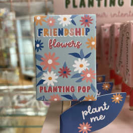 Decorative plant sign with daisy pattern and the words "Friendship flowers"