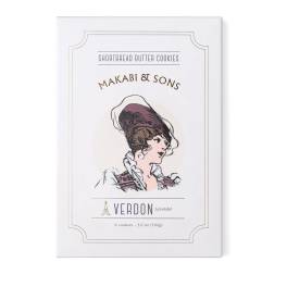 Box of lavender shortbread butter cookies with a vintage-style illustration