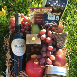 Gift basket with wine, fruit, and snack boxes on grass