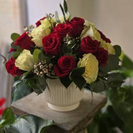 Red and cream roses arranged in a white vase