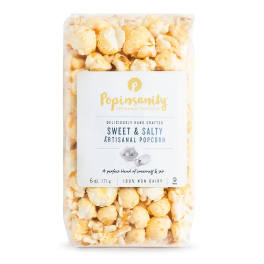 Bag of sweet and salty popcorn with a white label