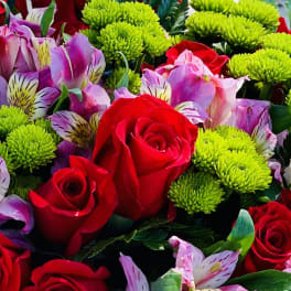 Bouquet of red roses, pink alstroemeria, and green button mums