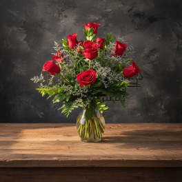 Dozen Red Roses With Caspia And Myrtle Vase Arrangement - Huntsville delivery
