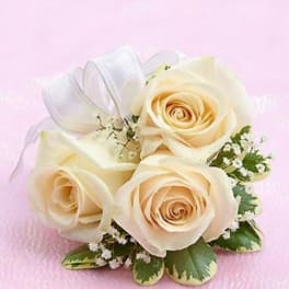 Cream roses with white ribbon and small filler flowers on a pink background