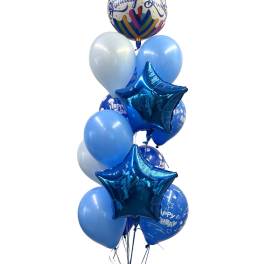 Cluster of blue birthday balloons with two star-shaped foil balloons
