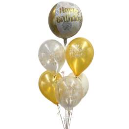 Cluster of gold and clear birthday balloons with printed messages