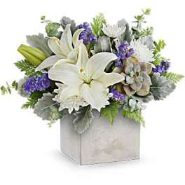Low white lily and succulent arrangement with purple accents in a gray square container