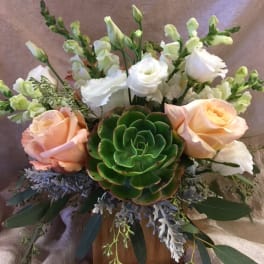 Peach and white roses with snapdragons and a green succulent in a wooden container