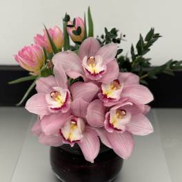 Pink orchids and tulips arranged in a dark glass vase