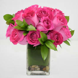 Bouquet of bright pink roses in a square glass vase