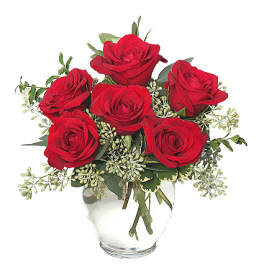 Bouquet of red roses in a clear glass vase
