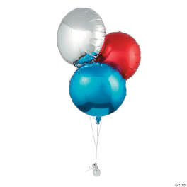 Three metallic balloons in silver, red, and blue tied together