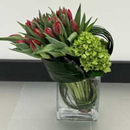 Red tulips and green hydrangea in a clear glass vase