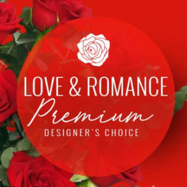Red roses around a red circular label reading Love & Romance Premium Designer's Choice