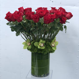 Red roses arranged in a tall green vase with green orchids at the base