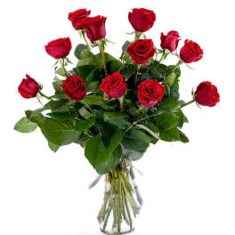 Arrangement of long-stemmed red roses in a clear glass vase