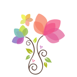Colorful stylized flower graphic with swirling brown stems