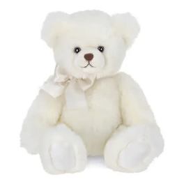 White plush teddy bear with satin bow sitting upright