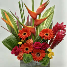 Tropical arrangement with orange heliconia, gerbera daisies, roses, and red ginger in a wooden box
