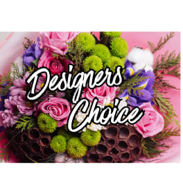 Pink roses and purple flowers with green pompons on a pink background