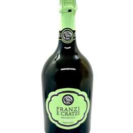 Bottle of Franzi e Cratzi Prosecco with a green foil top