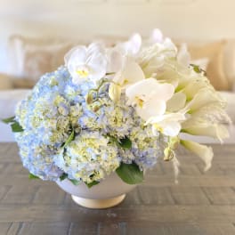 Blue hydrangeas and white orchids arranged in a white bowl