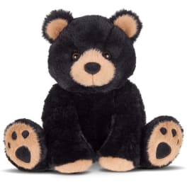 Black plush bear with tan muzzle, ears, and paw pads sitting upright