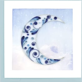 Decorative crescent moon artwork in blue and white tones