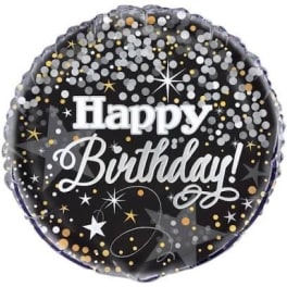Round birthday balloon with black background and silver lettering