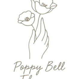Minimalist logo of a hand holding two poppy-like flowers with the text Poppy Bell Flowers below