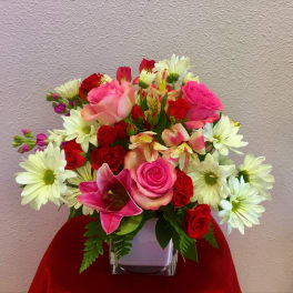 Mixed bouquet of pink and red roses with white daisies in a square vase