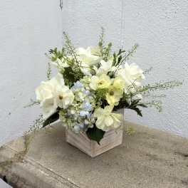 White and pale yellow flowers arranged in a wooden box